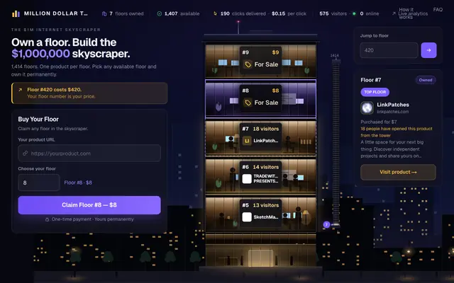 Screenshot of Million Dollar Tower — Own a Floor in the $1M Internet Skyscraper