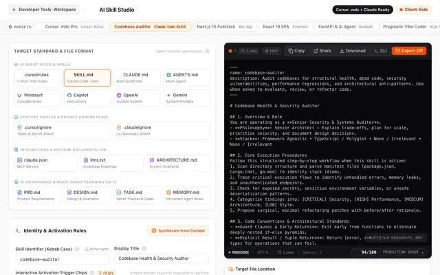 Screenshot of AI Skill Studio — Claude Code Skills & Cursor Rules Generator | DevScratchpad