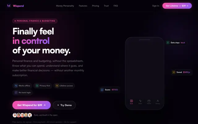 Screenshot of Wispend — Personal Finance & Budgeting App. $39, Once.