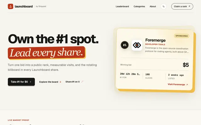 Screenshot of Launchboard — Own the Internet’s Rotating Product Billboard