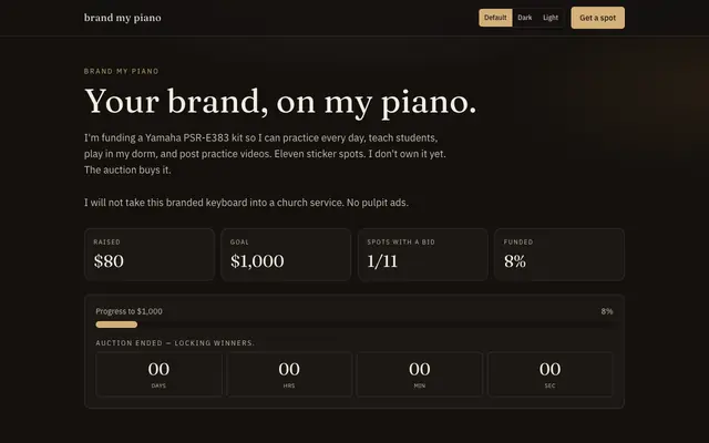 Screenshot of Brand My Piano — Your brand, on my piano.