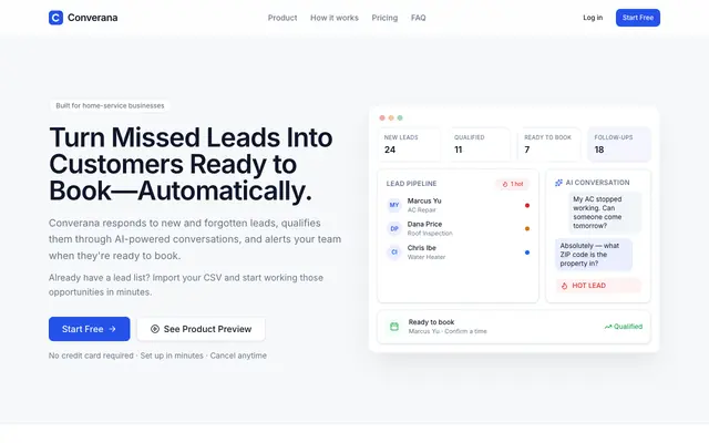 Screenshot of Converana — Turn Missed Leads Into Booked Jobs