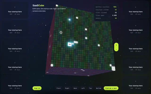 Screenshot of SaaSCube — claim your spot on the cube