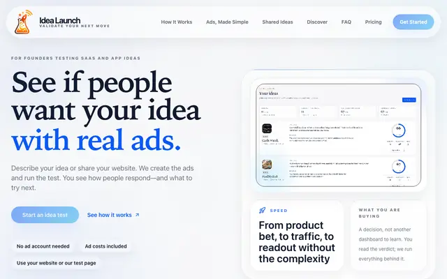 Screenshot of SaaS Idea Validation With Real Ad Runs | Idea Launch