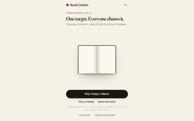 Screenshot of Book Cricket: the classroom game, played properly