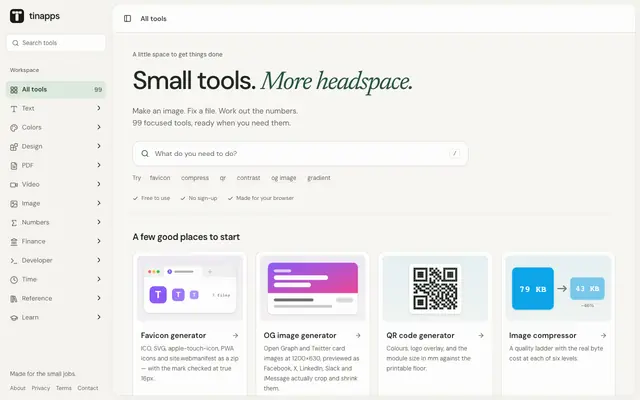 Screenshot of Tinapps | Free Browser Tools for the Small Jobs That Slow Work Down