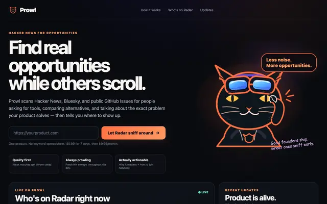 Screenshot of Prowl — Stop looking for customers.