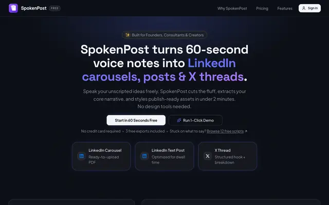 Screenshot of SpokenPost – Voice Memo to LinkedIn Carousel, Post & X Thread