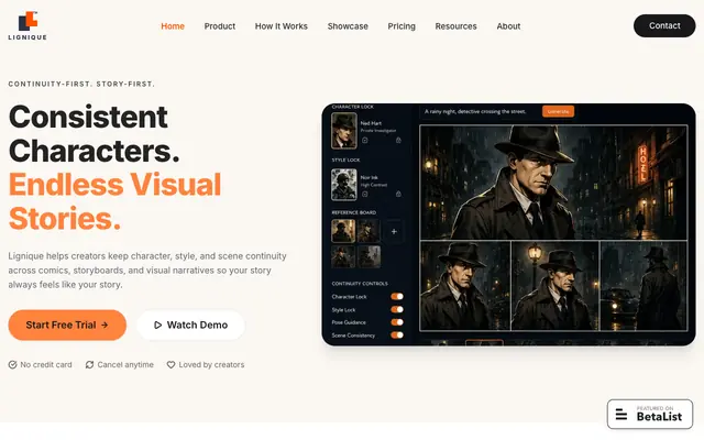 Screenshot of Lignique | AI Comic Creation Platform for Consistent Visual Storytelling