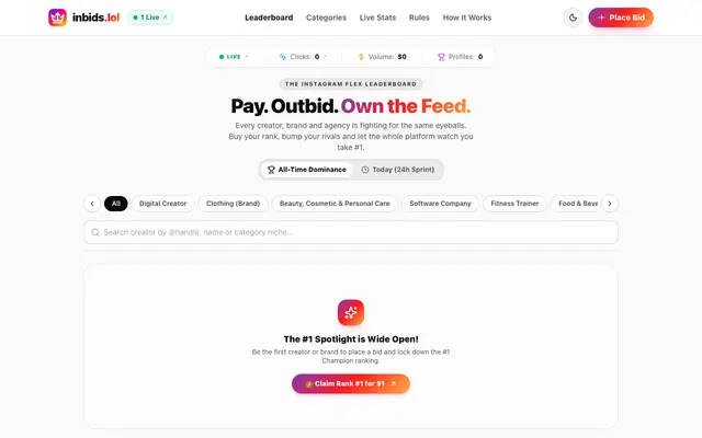 Screenshot of inbids.lol — The Instagram Pay-to-Rank Leaderboard
