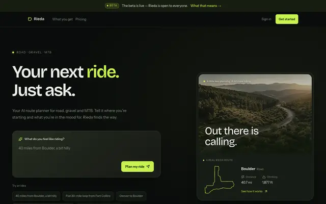 Screenshot of Rieda — AI route planner for road, gravel & MTB