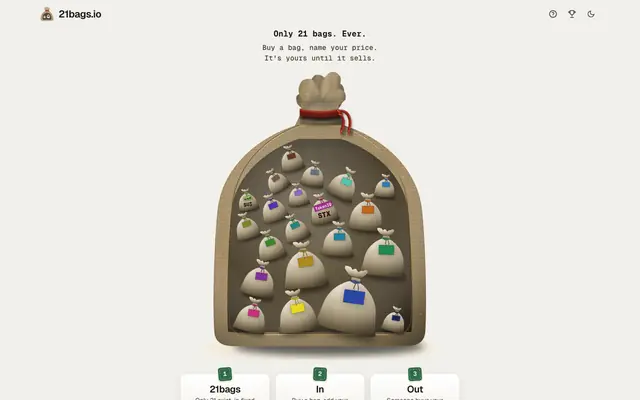 Screenshot of 21bags.io · Buy bags for your coins