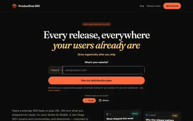Screenshot of ProductPost 360 — Grow organically after you ship