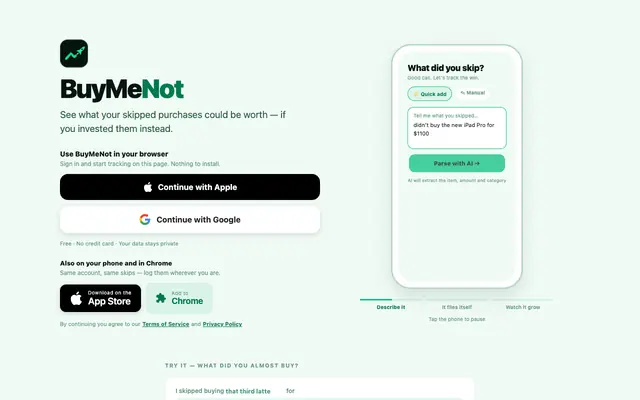 Screenshot of BuyMeNot — See What Your Skipped Purchases Could Be Worth
