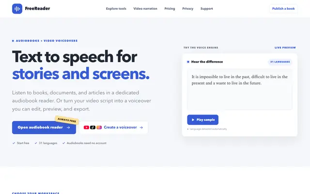 Screenshot of FreeReader — Your books, out loud