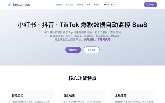 Screenshot of SpiderHubs | 小红书·抖音·TikTok 爆款数据自动监控 SaaS