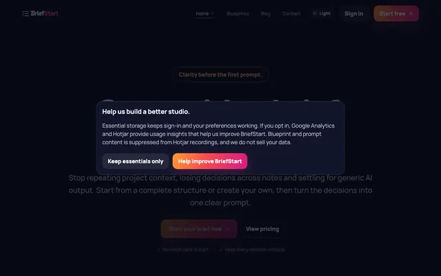 Screenshot of BriefStart | Reusable project brief templates for AI prompts