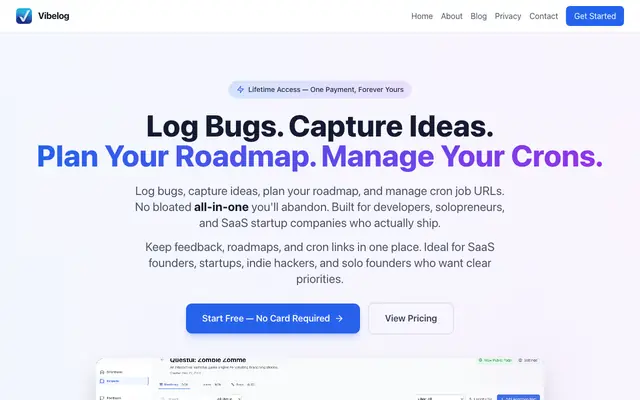 Screenshot of Vibelog - Bug Tracker, Cron Manager & Roadmap for SaaS Founders