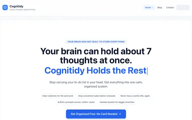 Screenshot of Your brain can hold about 7 thoughts at once. Cognitidy Holds the Rest