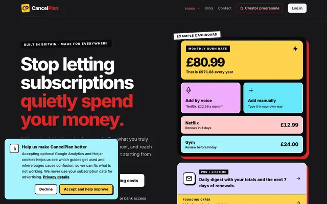 Screenshot of CancelPlan | Stop letting subscriptions spend your money
