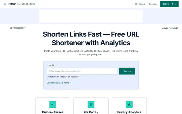 Screenshot of retour — Free URL Shortener