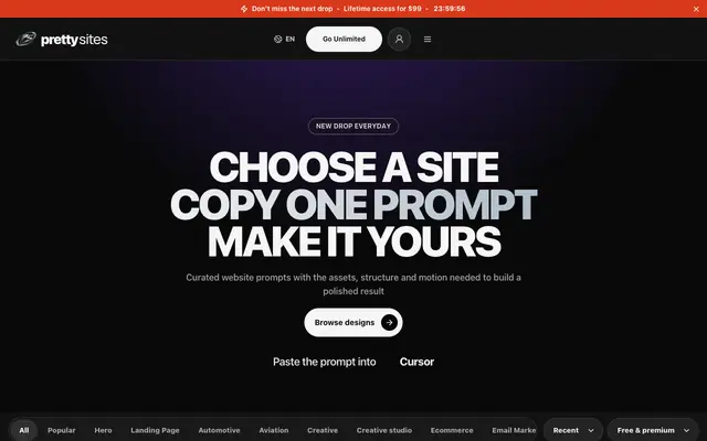 Screenshot of PrettySites | Website prompts for AI coding tools