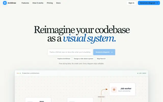 Screenshot of ArchDraw — System Architecture Diagram & Design Tool