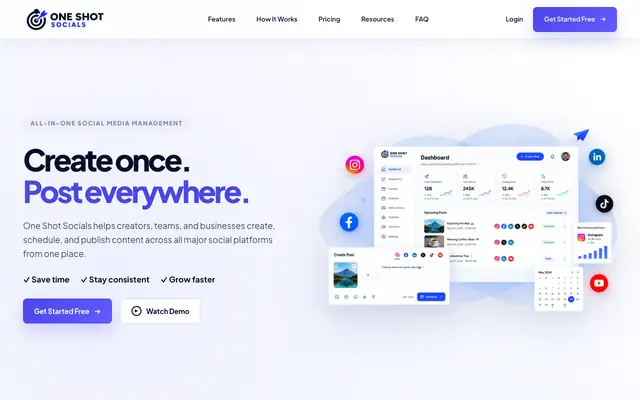 Screenshot of One Shot Socials — Create once. Post everywhere.