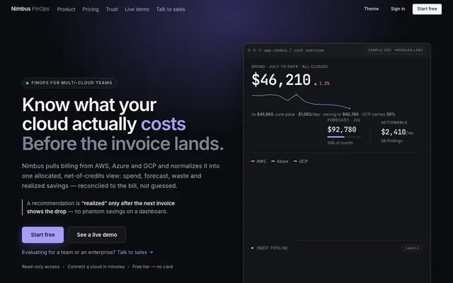 Screenshot of Nimbus FinOps — cloud cost intelligence for AWS, Azure & GCP