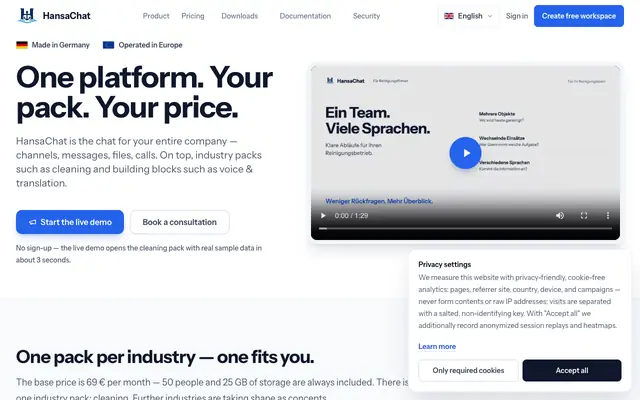 Screenshot of Your company chat at a fixed price | HansaChat