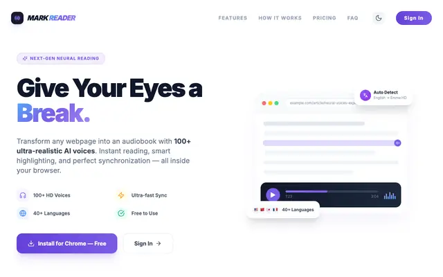 Screenshot of Mark Reader — AI-Powered Text-to-Speech for Every Webpage