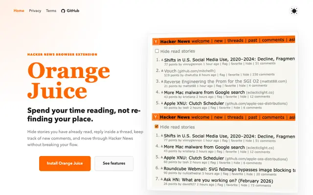 Screenshot of Orange Juice - Make Hacker News Sweeter