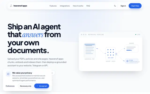 Screenshot of heavenof apps — Enterprise AI Agents & RAG Platform