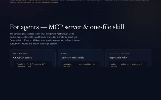 Screenshot of reimagine-it — Content-Derived Design for AI Agents
