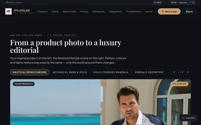 Screenshot of FFS Atelier — AI lifestyle scény pro fashion a POD produkty