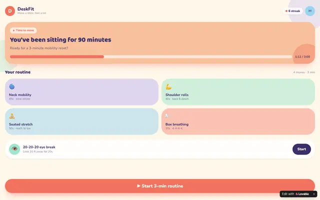Screenshot of DeskFit — Wellness without going to the gym