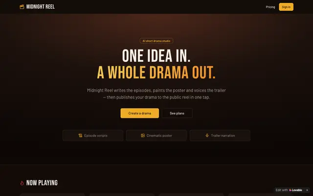 Screenshot of Midnight Reel — AI short drama studio