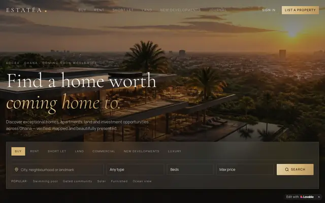 Screenshot of Estatéa — Luxury Property Discovery in Accra, Ghana