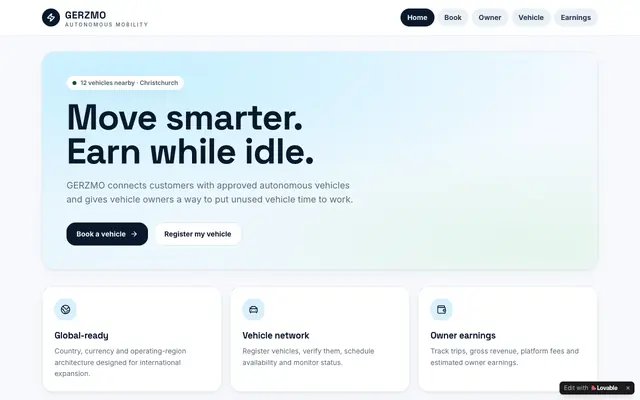 Screenshot of GERZMO — Autonomous Mobility Marketplace