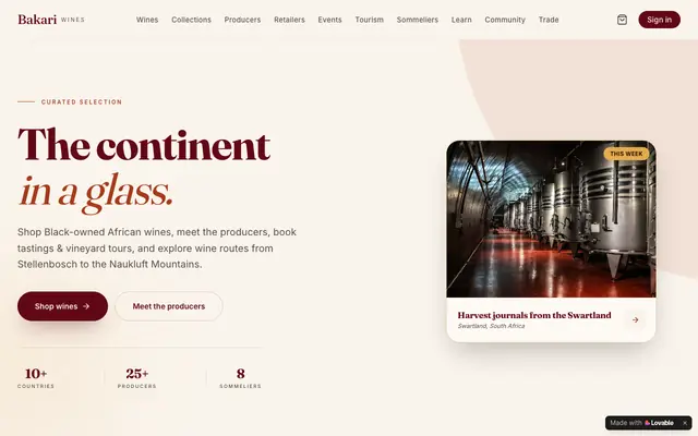 Screenshot of Bakari Wines — Africa's Black-Owned Wine Collective