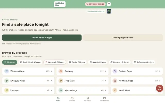 Screenshot of SA Shelter Hub — Shelters, Rehabs & Safe Spaces in South Africa