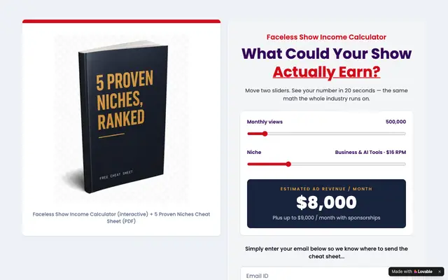 Screenshot of Faceless Show Income Calculator + 5 Proven Niches Cheat Sheet