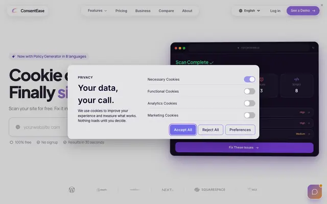 Screenshot of ConsentEase - GDPR Cookie Consent for Small Businesses