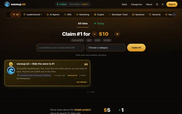 Screenshot of waveup.lol — Ride the wave to #1