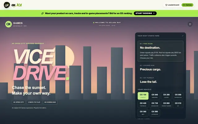 Screenshot of OX Vice Drive — Free 3D Open-City Driving Game | OX Games