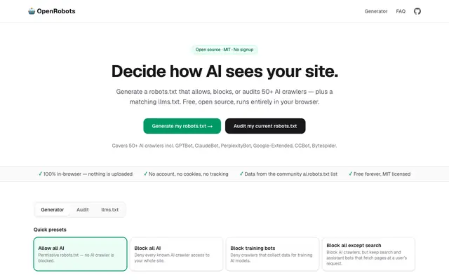 Screenshot of OpenRobots — Free robots.txt & llms.txt generator for AI crawlers