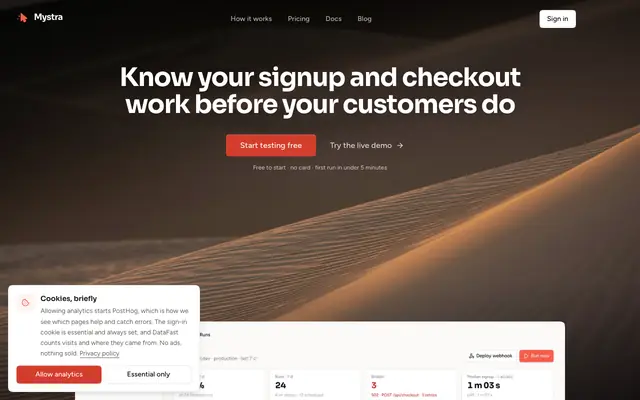 Screenshot of Revenue-path monitoring for web apps · Mystra