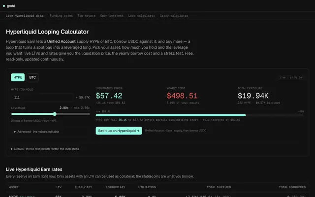 Screenshot of Hyperliquid Looping Calculator — Unified Account Leverage & Liquidation · gmhl.i