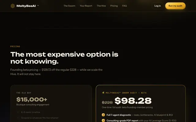 Screenshot of MoltyBeeAI™ — The 7-Agent Revenue Audit Swarm