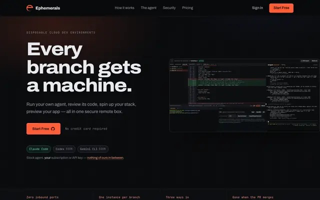 Screenshot of Ephemerals — a cloud machine per branch, with an agent already on it